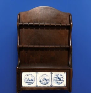 Spoon Holder Wooden Vintage Souvenir Rack holds 18 Spoons w/ Small Shelf & Tile - Picture 1 of 12