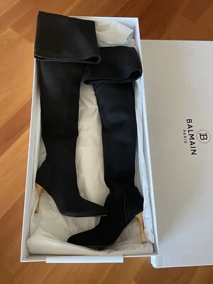 $2195 NIB Balmain Moneta Knit Thigh High Black Heeled Boots - IT 36 / US 6 - Image 1 of 4