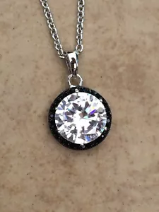 Rhodium Plated Cubic Zirconia Round CZ Black Halo Pendant 18 Inches - Picture 1 of 2