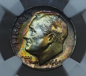 1964 Roosevelt Silver Dime 10C NGC MS66 Rainbow Toned Crazy Pattern Wild Color - Picture 1 of 13