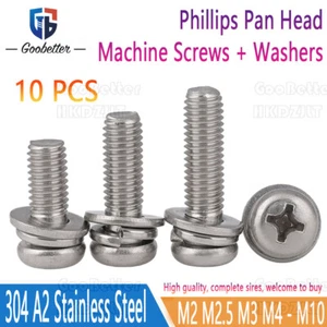 M2 - M10 Phillips Pan Head Bolts Machine Screws + Washers A2 Stainless Steel - Picture 1 of 8