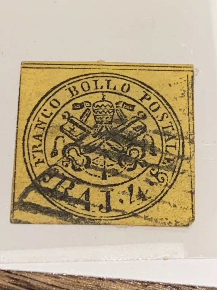 PAPAL STATES 1852 BAJ 4 BLACK ON YELLOW STAMP - Image 1 of 1