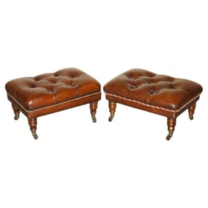 PAIR OF RESTORED BROWN LEATHER CHESTERFIELD TUFTED PORCELAIN CASTORS FOOTSTOOLS - Picture 1 of 23