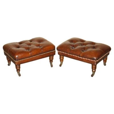 PAIR OF RESTORED BROWN LEATHER CHESTERFIELD TUFTED PORCELAIN CASTORS FOOTSTOOLS - Image 1 of 4