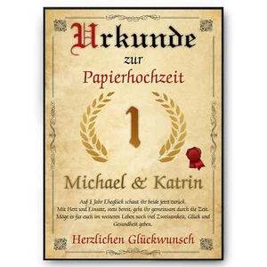 Personalisierte Urkunde zum 1. Hochzeitstag Geschenk Papierhochzeit Karte 1. Jah - Bild 1 von 9