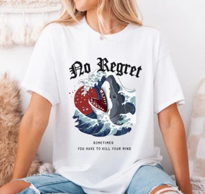Shark & Ocean Waves T-Shirt, No Regret Graphic Tee, Bold Beachwear Surf Shirt - Bild 1 von 8