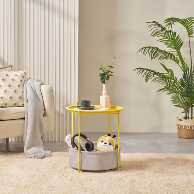 Sofá Mesa auxiliar redonda Mesa auxiliar pequeña con cesta de almacenamiento de tela Bandeja extraíble Foto 1 de 4