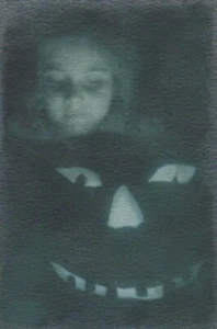 Spooky Halloween Child Ghost Face Jack O Lantern Effect Black Paper Edges - Picture 1 of 3