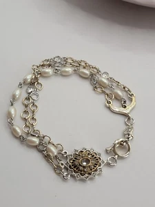 Vintage Monet Three Strand Bracelet Simulated Pearls Rhinestone Gold Tone 19cm - Picture 1 of 4