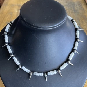 Puka Shell Punk Surfer Skater Metal Spikes Choker Necklace: Adjusts To 17” Retro - Picture 1 of 7