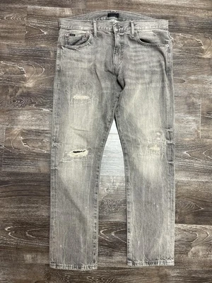 Polo Ralph Lauren Sullivan Slim Jeans Mens 34x32 Gray Distressed Ripped Faded - Image 1 of 4