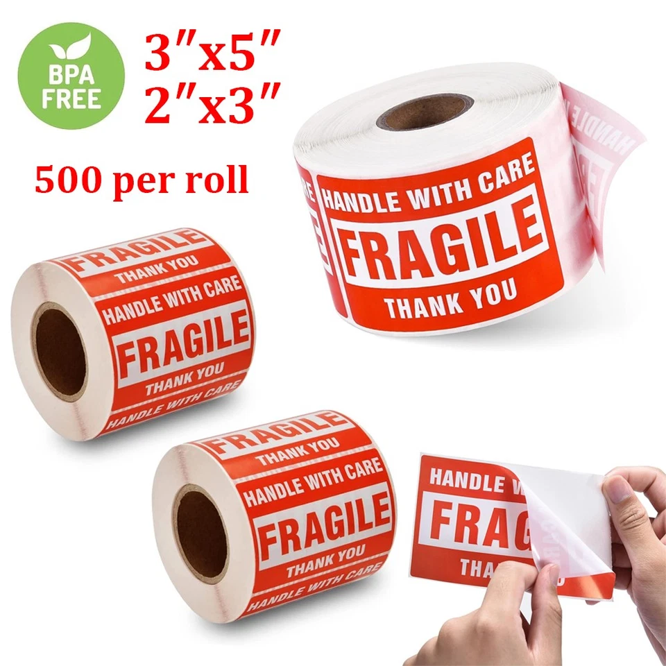 2″x3″ 3″x5″ Fragile Stickers Handle With Care Warning Fragile Labels 500/Roll - Image 1 of 1