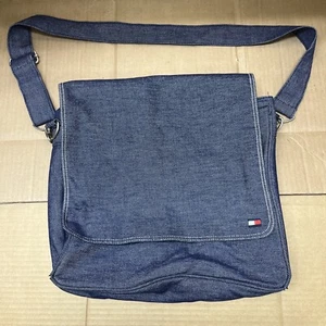 VTG 90s Tommy Hilfiger Blue Denim Messenger Bag Shoulder Strap w Logo - Picture 1 of 9