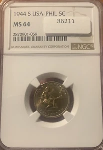 1944-S US Philippines Five Centavos NGC MS64 KM#180a - Picture 1 of 4