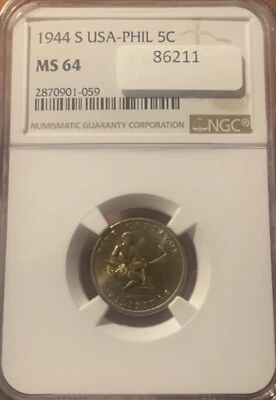 1944-S US Philippines Five Centavos NGC MS64 KM#180a - Image 1 of 4
