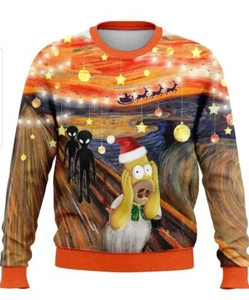 Ugly Christmas Long Sleeved Unisex Large Funny Homer Simpson Aliens & Santa!! - Picture 1 of 3