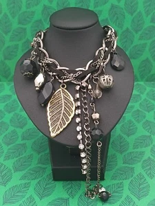 Beautiful Silver Tone & Black Woven Chain Asymmetrical Beaded Necklace - Picture 1 of 14