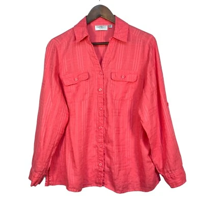 Studio Works Button-Up Shirt Women Size 1X Pink Roll-Tab Sleeve Linen Pockets - Image 1 of 4
