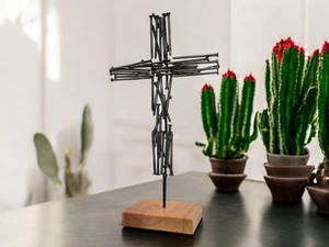 Unique Brushed Steel Nail Crucifix - Handmade Metal Cross on Irish Oak Base - Picture 1 of 11