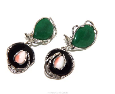 ARGENTO 925 ORECCHINI PENDENTI DONNA AGATA VERDE NERA E GOCCIA DI CORALLO ROSA - Immagine 1 di 4