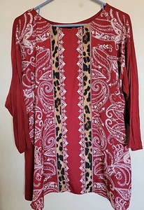 JM Collection Womens Large  Red Paisley Print 3/4 Sleeve Top - Picture 1 of 5