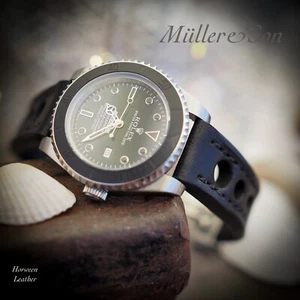 Correa de reloj de rally de cuero Müller&Son Horween negra 20 mm para Rolex Submariner - Imagen 1 de 11