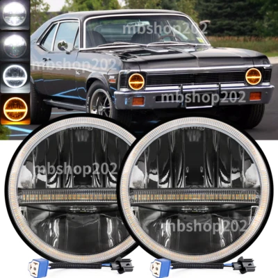 2PCS 7" Round LED Headlights Hi/Lo Beam Fit Chevy Nova 1969 1970 1971 1972- 1979 - Image 1 of 4