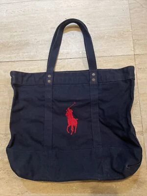 "Bolso de Mano Polo Ralph Lauren Azul Lona Denim Poni y Bandera Bordado 20x15x6""" Foto 1 de 4