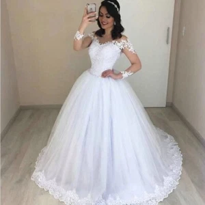 Elegant Wedding Dresses Long Sleeves V-Neck Tulle Lace Applique Ball Bride Gowns - Picture 1 of 6