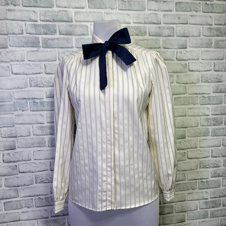 Blusa de Colección Años 80 Fácil de Doblar para Mujer M/L Marfil Azul Marino Rayas Coño Foto 1 de 4