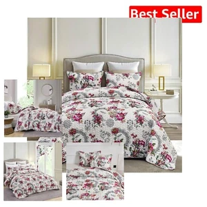 Soft Polyester Floral Quilt Set - California King Size, 3 Pcs Elegant Coverlet - Picture 1 of 8