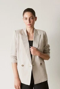 TRENERY BNWOT beige Italian linen blend double breasted blazer jacket-8-rrp$289. - Picture 1 of 11