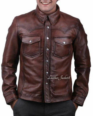 Men's Leather Shirt Western Trucker Cowboy Real Leather Summer Jacket Burdungy - Image 1 of 4
