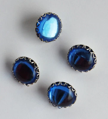 VINTAGE 4 GLASS ROUND BUTTONS SILVER METAL SHANKS • 18mm • RED, BLUE - Image 1 of 2