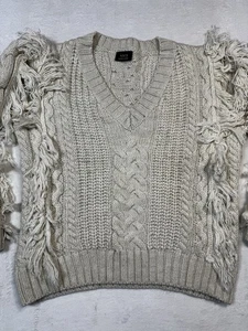 Vici Grobstrick Pullover Fransen Zopfmuster XL Creme Acryl Boho Struktur Pulli - Bild 1 von 12