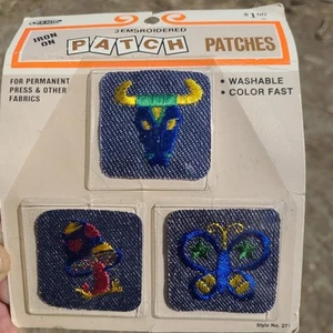 Vtg Iron On Patches Embroidered Demin Set Of 3 Bull Mushroom Butterfly Penn - Picture 1 of 2