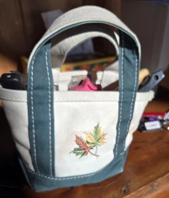 LL Bean Mini Boat Tote Bag Green Canvas Purse w/ Embroidered Leaves 10” - Image 1 of 4