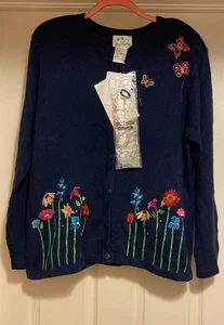 Quacker Factory Vtg Dark Blue Cardigan Sweater Embroidered Beaded Flowers Sz 1X - Picture 1 of 13
