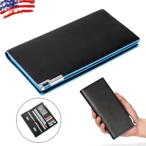 Men's Leather Long Wallet Checkbook Billfold Pockets ID Card Holder Bifold Purse - Picture 1 of 12