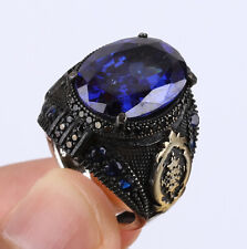 MAN TURKISH SIMULATED SAPPHIRE .925 SILVER & BRONZE RING SIZE 9.5 #49543