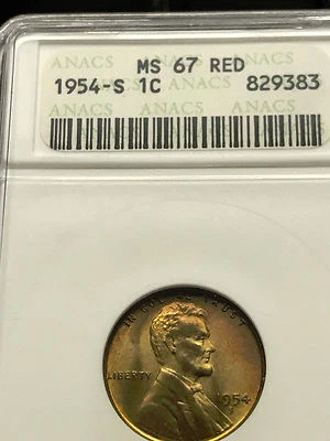 1954-S Lincoln Cent Superb Gem BU ANACS MS-67 RD #3711 - Image 1 of 4