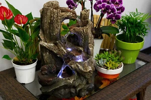 Alpine 5-Tiered Rainforest Tree Trunk Tabletop Fountain w/ LED Lights, 14" Tall - Picture 1 of 6