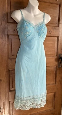 VTG Rogers Blue Nylon Slip w Lace Cup Full Slip Size 32 Wide Lace Hem - Image 1 of 4