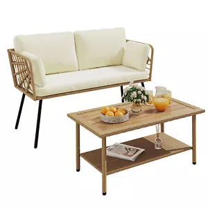 2 Pieces Patio Furniture Set Wicker Loveseat Outdoor Conversation Set With Table - Picture 1 of 8