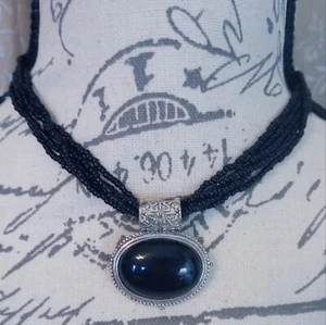 Vintage 70's Faux Black Onyx & 5 Strand Black Beads Antique Silver Tone Necklace - Picture 1 of 12