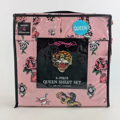 Комплект простыней Ed Hardy Pink King Queen 6 предметов с 4 наволочками - НОВЫЙ - постельное белье - Изображение 1 из 4