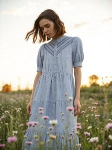 Madewell Midikleid Gr. L blau bestickt Puffärmel Landhaus Stufen bescheiden - Bild 1 von 11