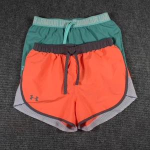 Under Armour Girl YXL HeatGear Shorts 2 Pack Teal & Neon Orange Athletic Running - Picture 1 of 7