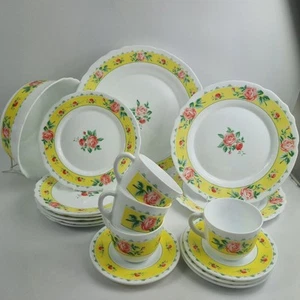 vintage 18 piece harmonia crivisa Spain plates mugs bowl set roses white yellow  - Picture 1 of 19