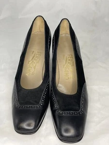 Salvatore Ferragamo Black Suede & Leather Square Toe Heels Pumps 6B Women's Shoe - Picture 1 of 24